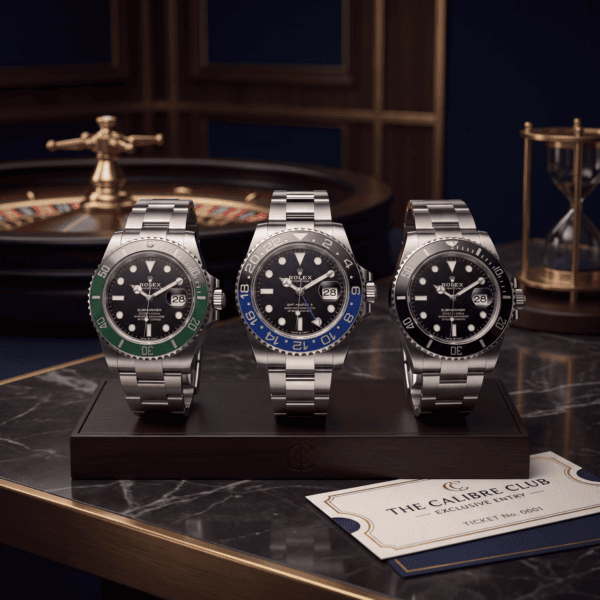 Three Rolex GMT Master II watches with different bezel colours on a display stand.