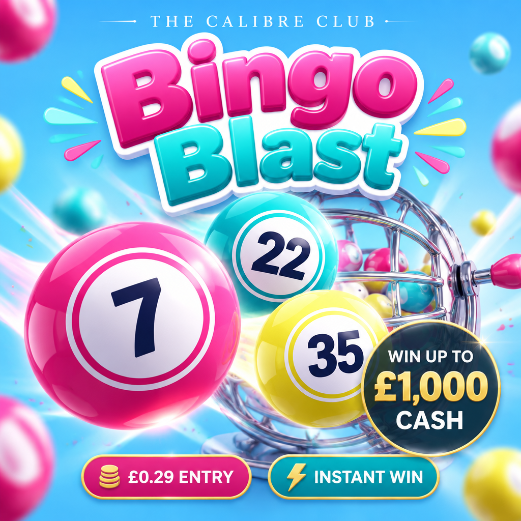 Bingo Blast hot pink and turquoise instant-win competition, 29p entry, £1,000 maximum cash prize
