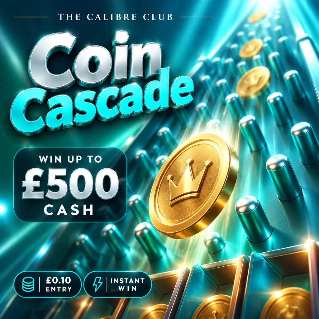 Coin Cascade cyan and teal instant-win competition, 10p entry, £500 maximum cash prize