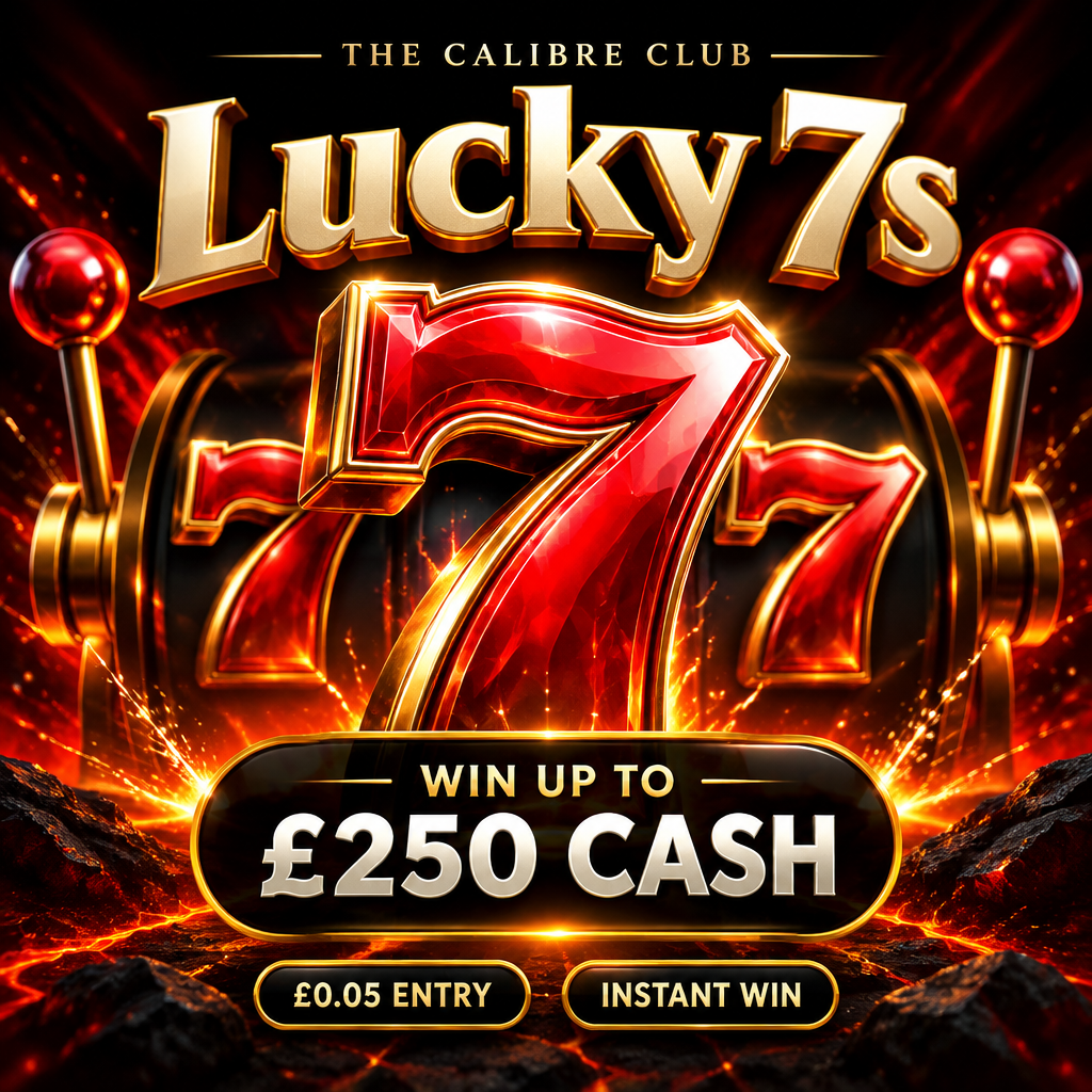 Lucky 7s fiery red and black instant-win competition, 5p entry, £250 maximum cash prize
