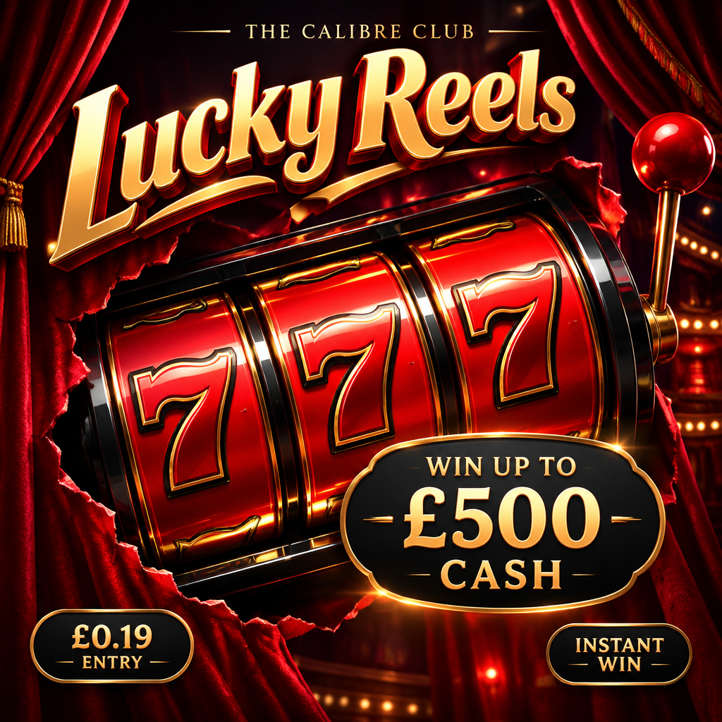 Lucky Reels red and black slot-machine instant-win competition, 19p per ticket, up to £500 cash