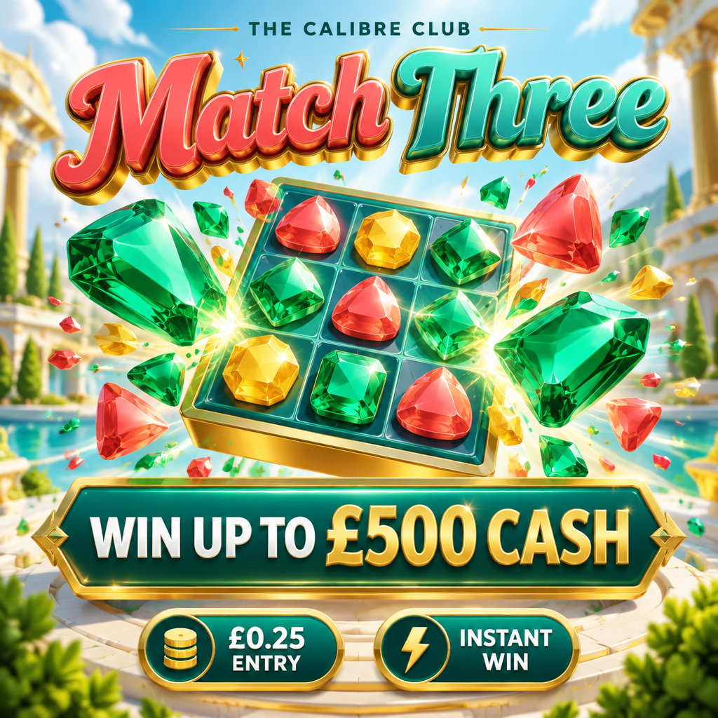 Match Three coral mint and yellow instant-win competition, 25p entry, £500 maximum cash prize