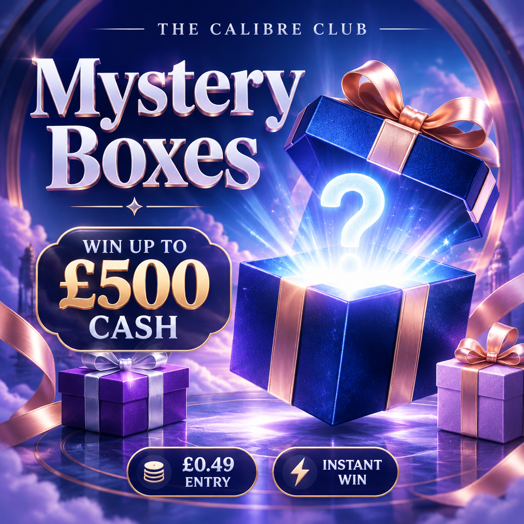 Mystery Boxes royal blue and violet instant-win competition, 49p entry, £500 maximum cash prize