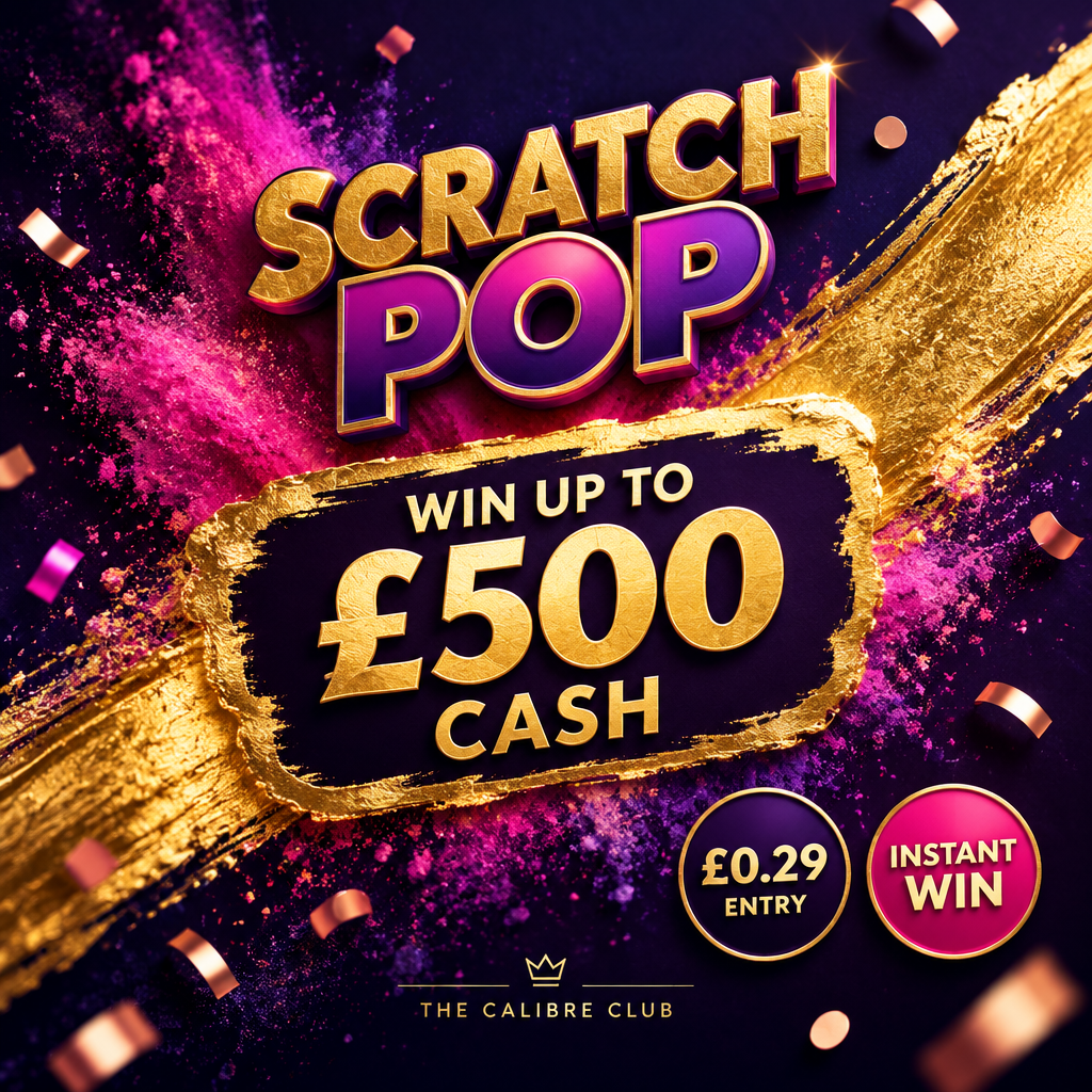 Scratch Pop purple and magenta scratchcard instant win, 29p entry, up to £500 cash