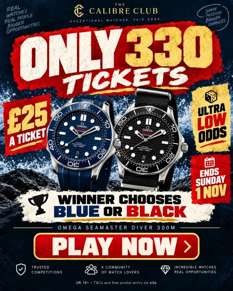 Omega Seamaster end draw — blue or black Diver 300M, winner chooses
